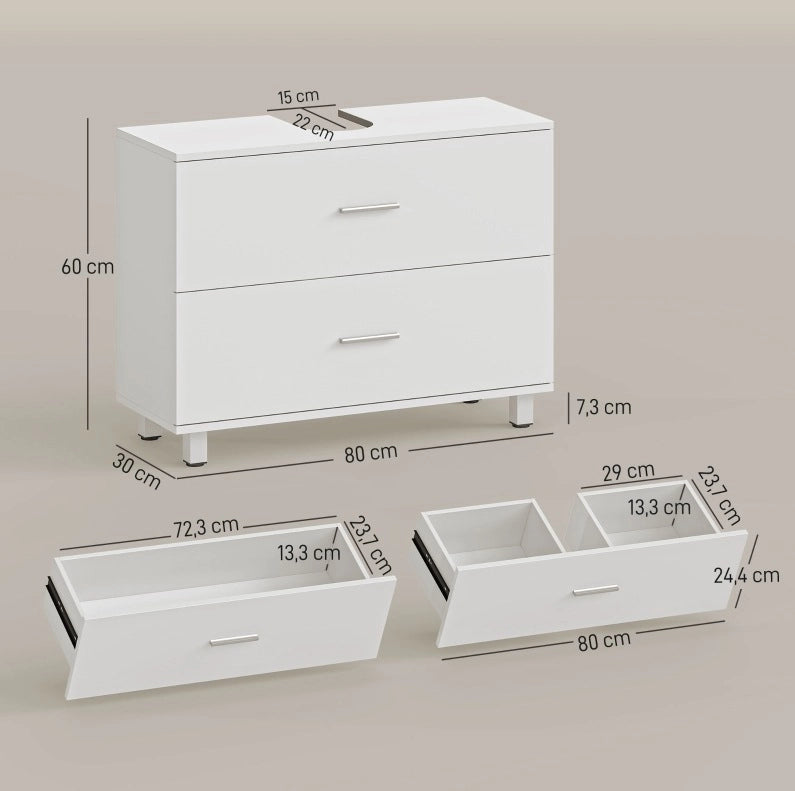 Mobile sottolavabo bianco 80 x 30 x 60 cm, 2 cassetti, contenitore moderno