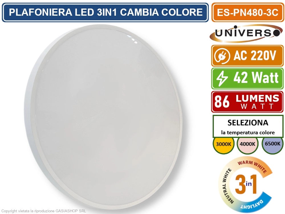 UNIVERSO ES-PN480-3C PLAFONIERA LED CIRCOLARE 42W SMD COLORE LUCE SELEZIONABILE 3IN1 DA ESTERNO IP44
