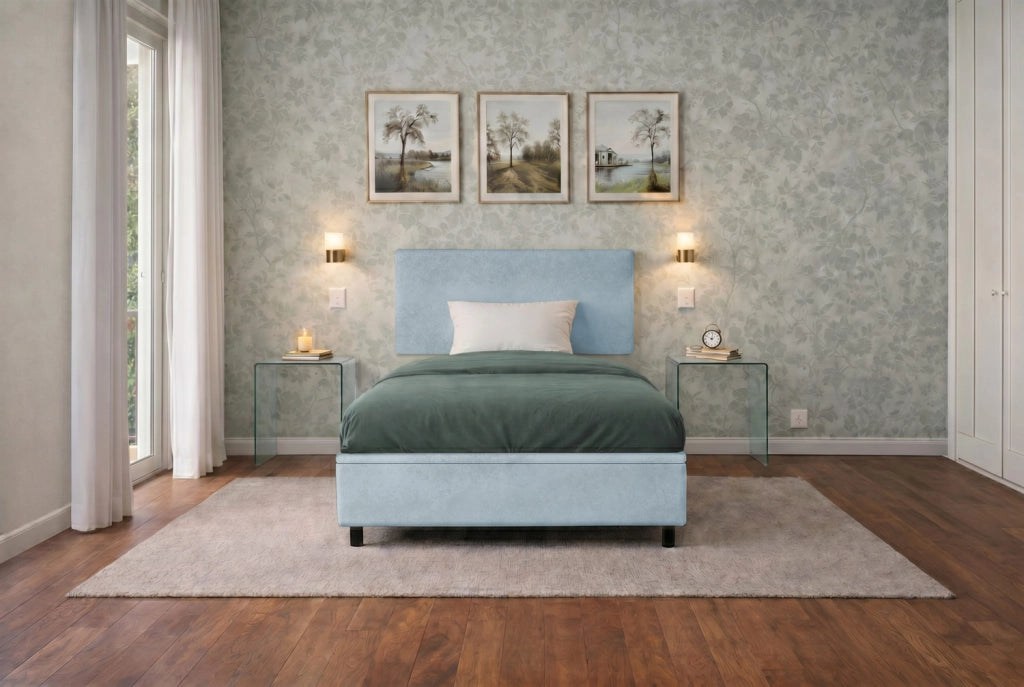 Letto Singolo Contenitore Imbottito 80x190 cm Microfibra Azzurro BoxMax Testata Flat