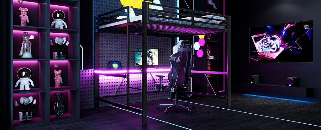 Letto a castello gaming 160x200 in metallo nero con scrivania, illuminazione LED e presa USB