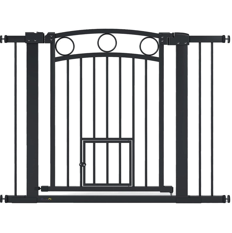 Cancelletto di sicurezza per animali 77 cm regolabile 76-104 cm nero con gattaiola