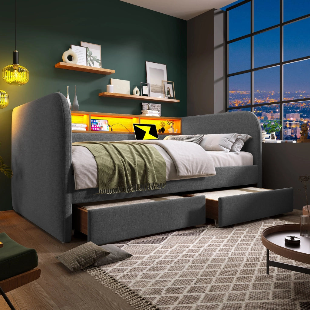 Struttura letto 140 × 190 cm con LED USB e type C due cassetti testiera con ripiano in lino grigio