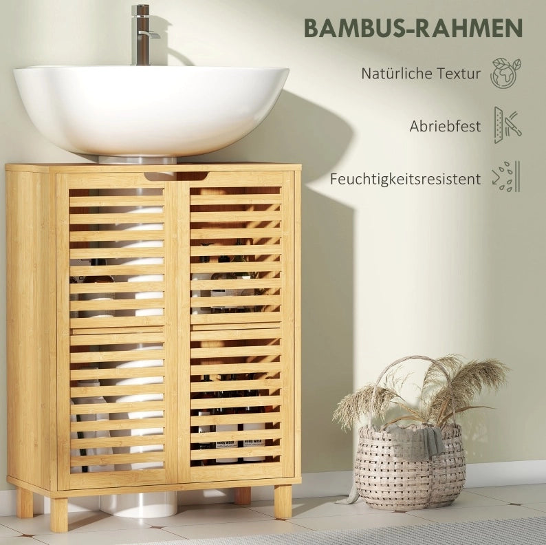 Mobile bagno in bambù con ante a lamelle e ripiani regolabili, 60x30x80 cm, colore naturale
