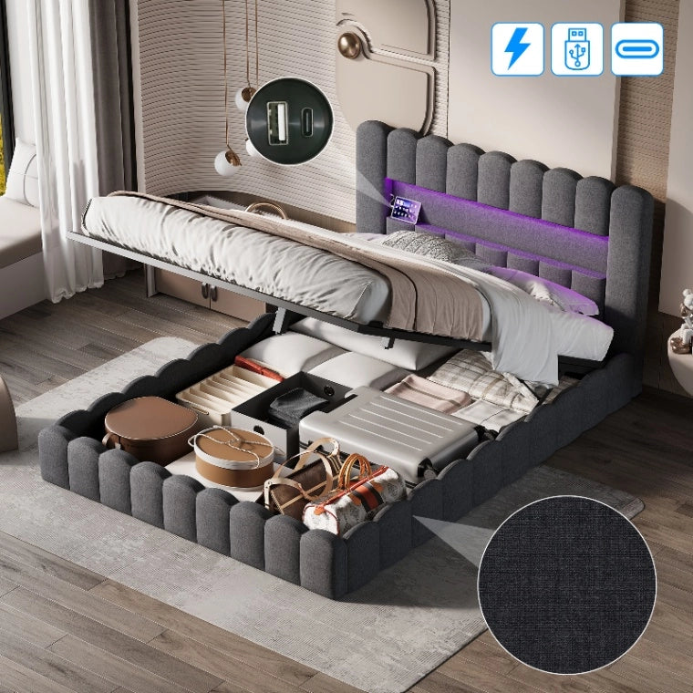 Letto Contenitore Matrimoniale 160x200 cm; Letto imbottito con LED e USB; Letto idraulico con Rete a doghe e Testiera con Contenitore; Lino Grigio