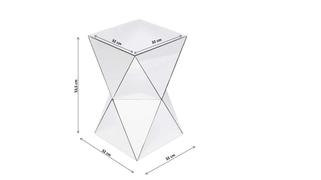 Tavolino a forma triangolare, con piano in vetro specchiato, dimensioni 54x32x32 cm