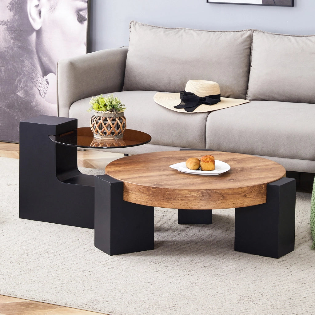 Tavolino da salotto rotondo a 2 ripiani componibile in vetro e MDF nero legno