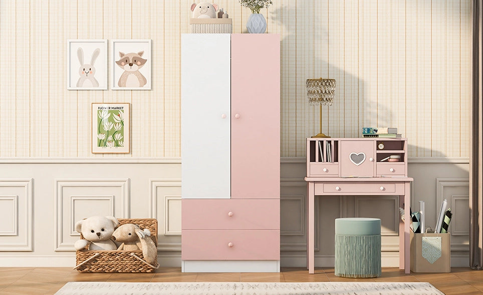 Armadio rosa e bianco 70 x 40 x 170 cm con due cassetti