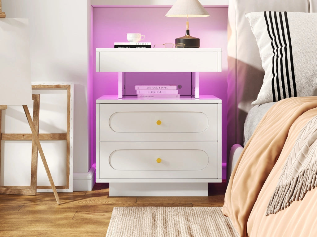 Comodino bianco con LED, 2 cassetti e ripiano aperto, 50x40x60 cm