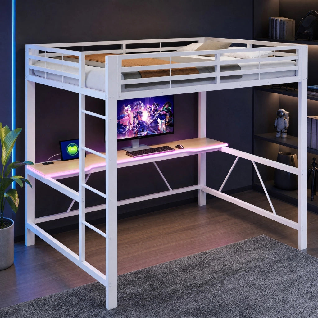 Letto a soppalco 140 × 200 cm con scrivania e led in metallo e MDF bianco con sponde di protezione