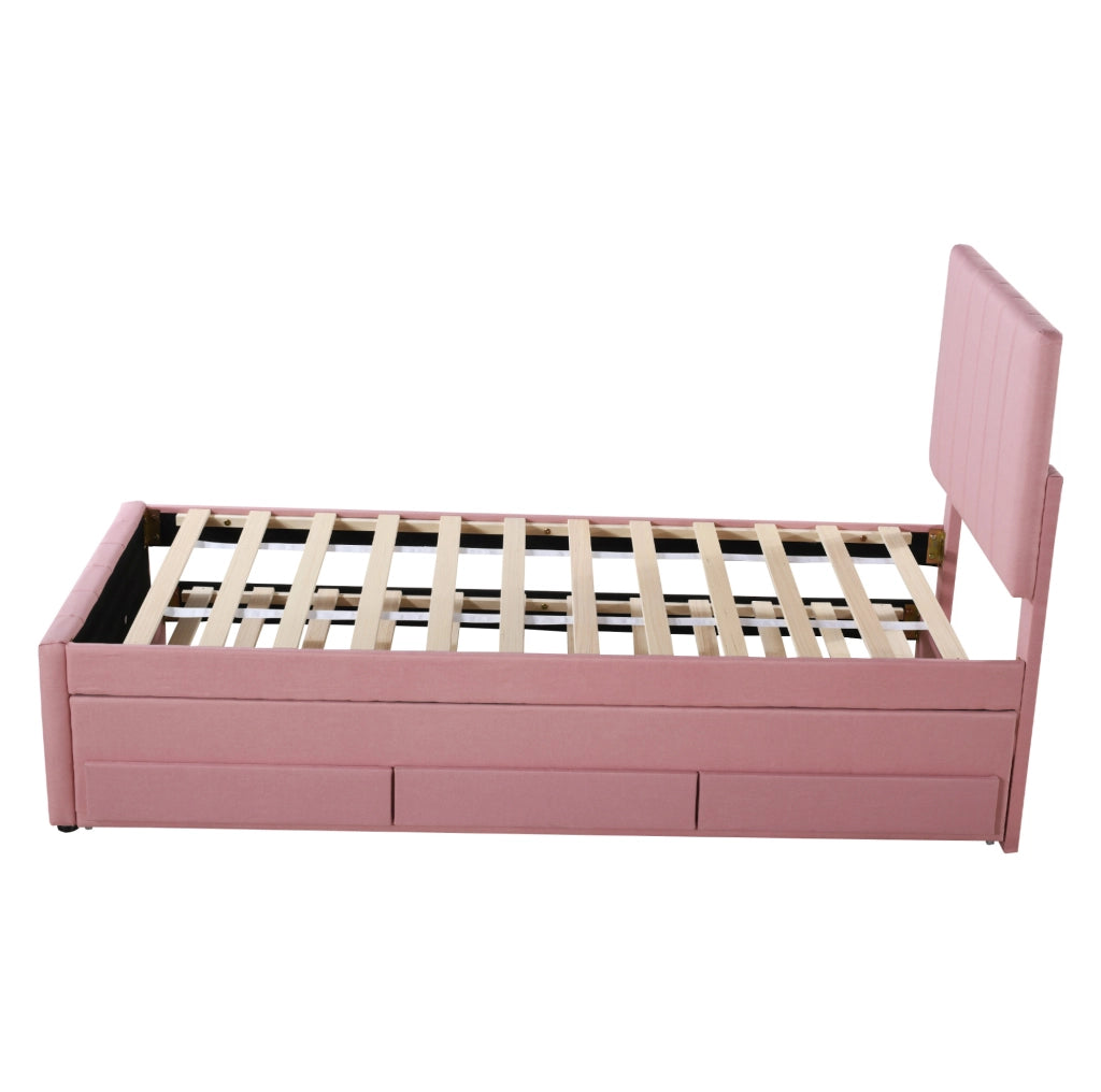 Letto imbottito singolo 90x200 cm con letto estraibile e 3 cassetti, rosa