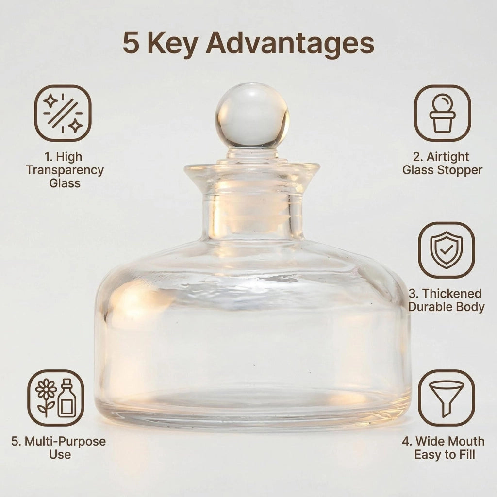 Flacone diffusore in vetro da 200 ml, trasparente, ricaricabile, per aromaterapia