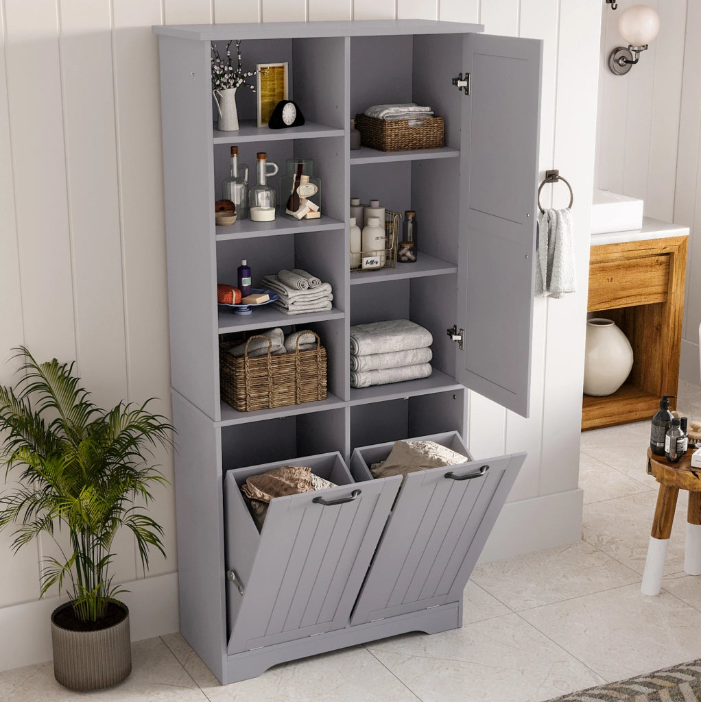 Mobile da bagno in MDF grigio 78x35x172 cm con doppio cestino per biancheria e ripiani regolabili