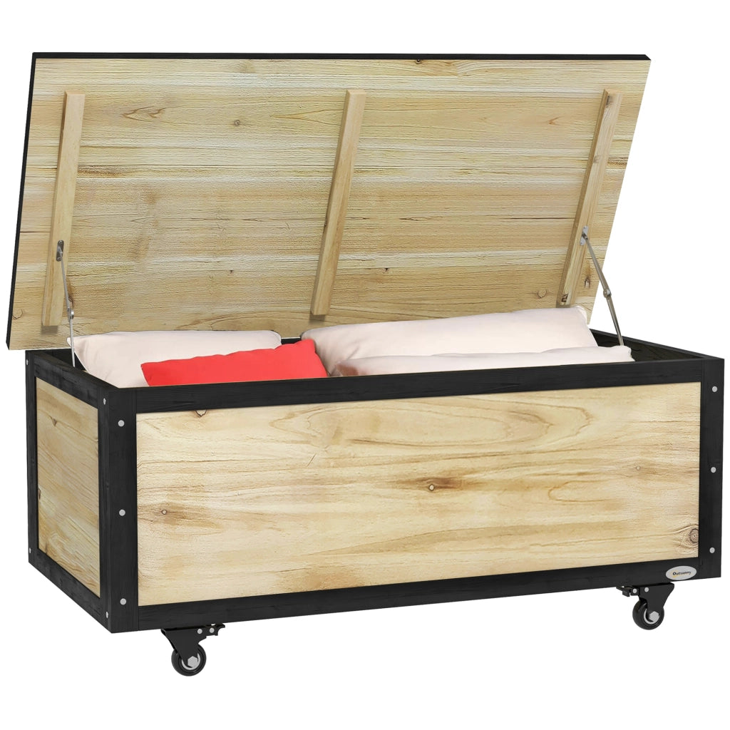 Baule da esterno in legno naturale da 121 litri con coperchio e due ruote per attrezzi da giardino e cuscini