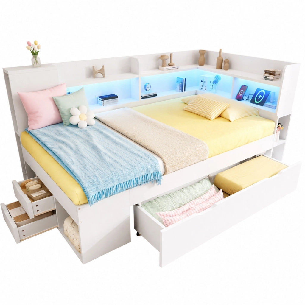 Letto singolo 90x200 cm in legno bianco con LED, USB e Type-C, contenitore e ripiani
