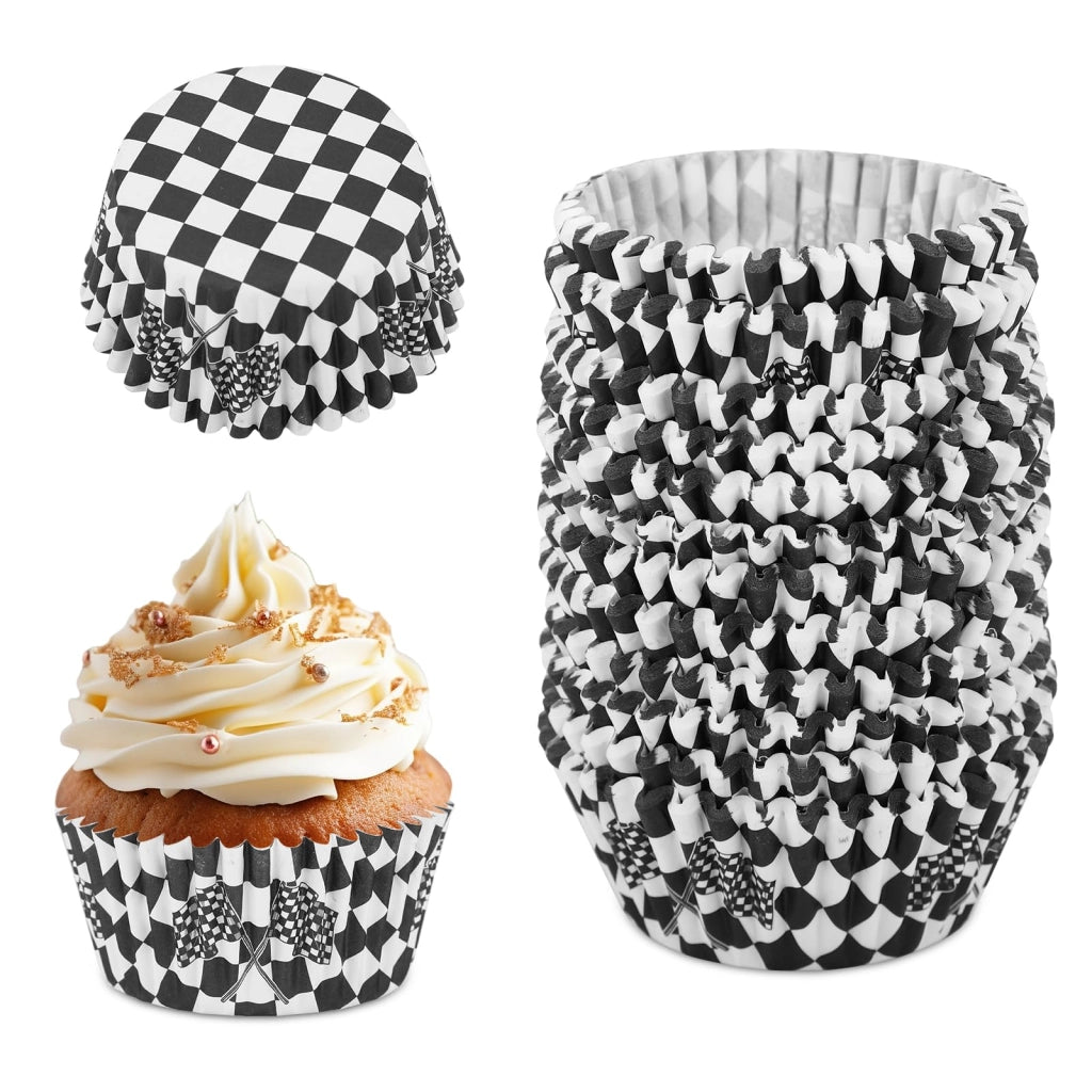 300 formine a cupcake a tema auto da corsa, a scacchi bianchi e neri, in carta