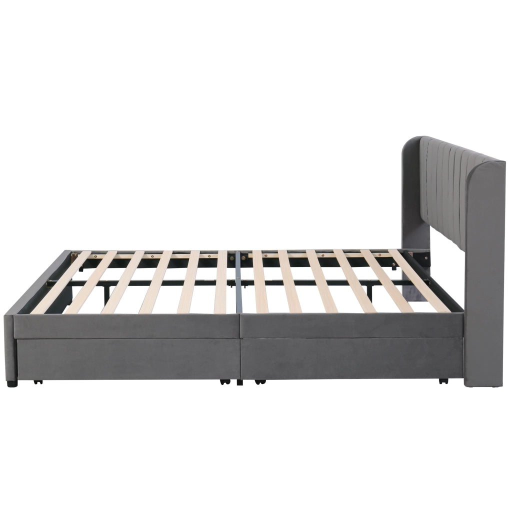 Letto matrimoniale imbottito 180x200 in velluto grigio con rete a doghe e 2 cassetti