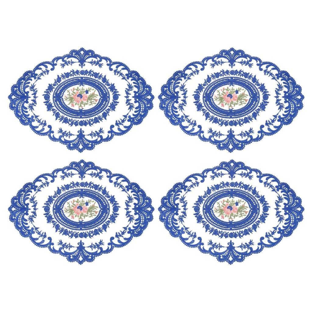 4 tovagliette ovali ricamate, 30x40 cm, colore blu zaffiro