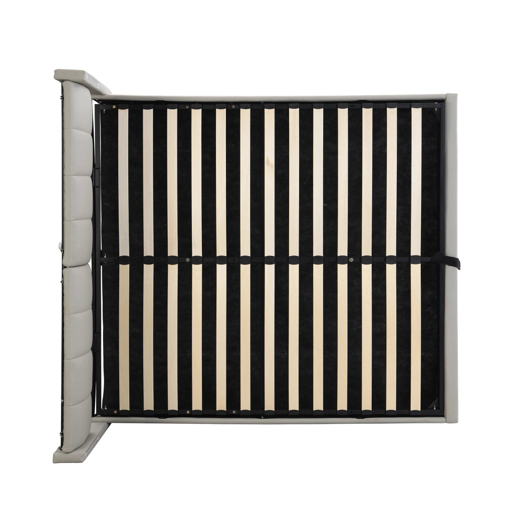 Letto imbottito 140 x 190 cm con contenitore sottoletto; LED e testiera regolabile; PU grigio