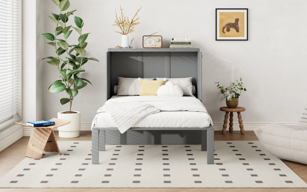 Letto a scomparsa verticale 90x200 cm con rete a doghe, colore grigio, risparmio spazio per camere singole