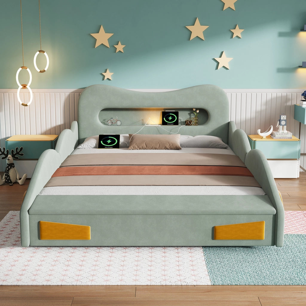 Letto A Forma Di Auto Per Bambini 140 X 200 Cm; Verde; Imbottito In Flanella Con Luce E Contenitore