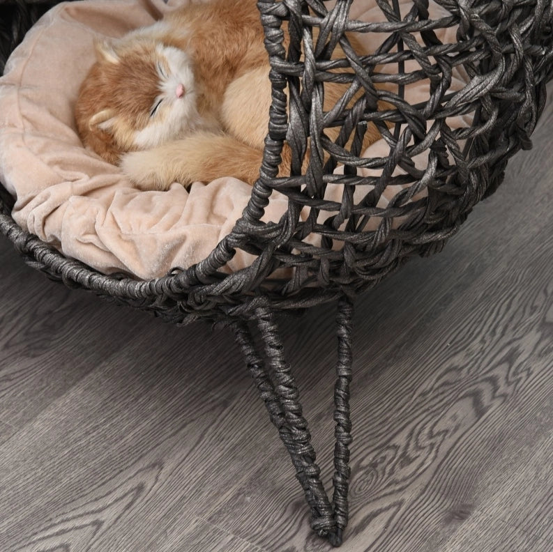 Cuccia per gatto in rattan Ø52 x 58 cm grigio argento con cuscino, gambe rialzate