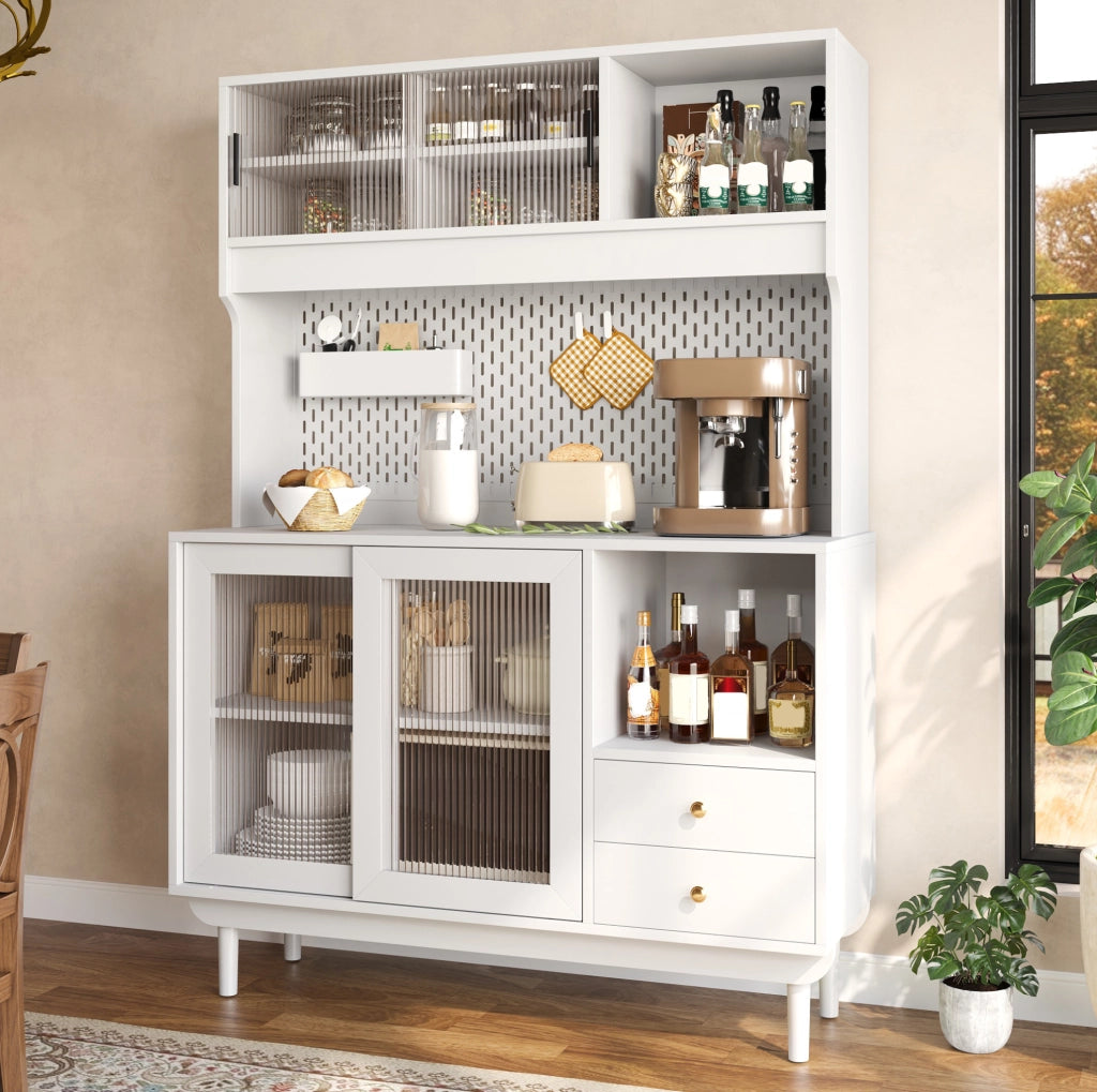 Credenza da cucina bianca con ante scorrevoli in vetro e cassetti