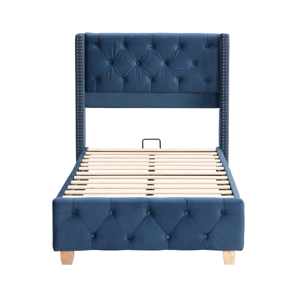 Letto imbottito blu 90x200 cm in velluto con testiera e rete a doghe inclusa