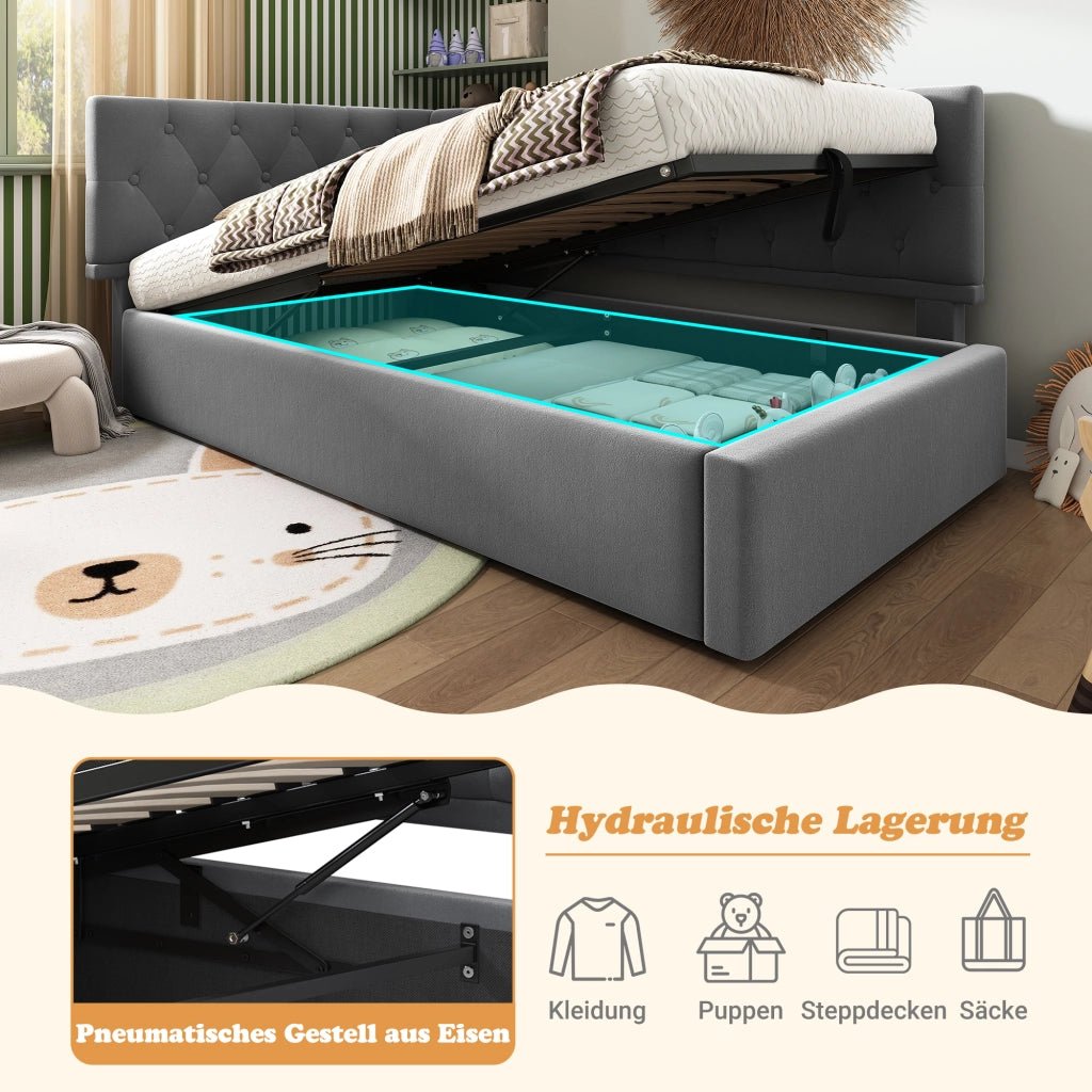 Letto singolo imbottito 90 × 200 cm con vano contenitore idraulico rete a doghe in legno velluto grigio