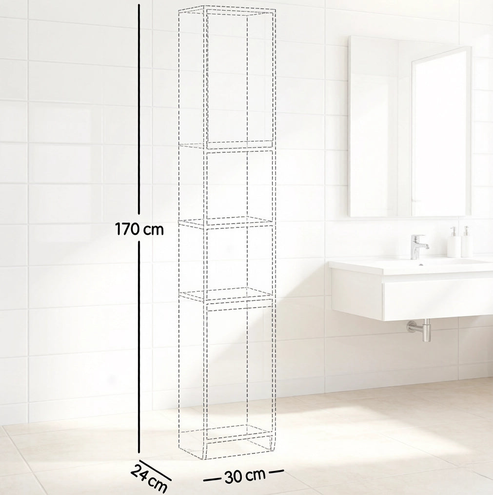 Mobile alto e stretto da bagno grigio e rovere con ripiani regolabili