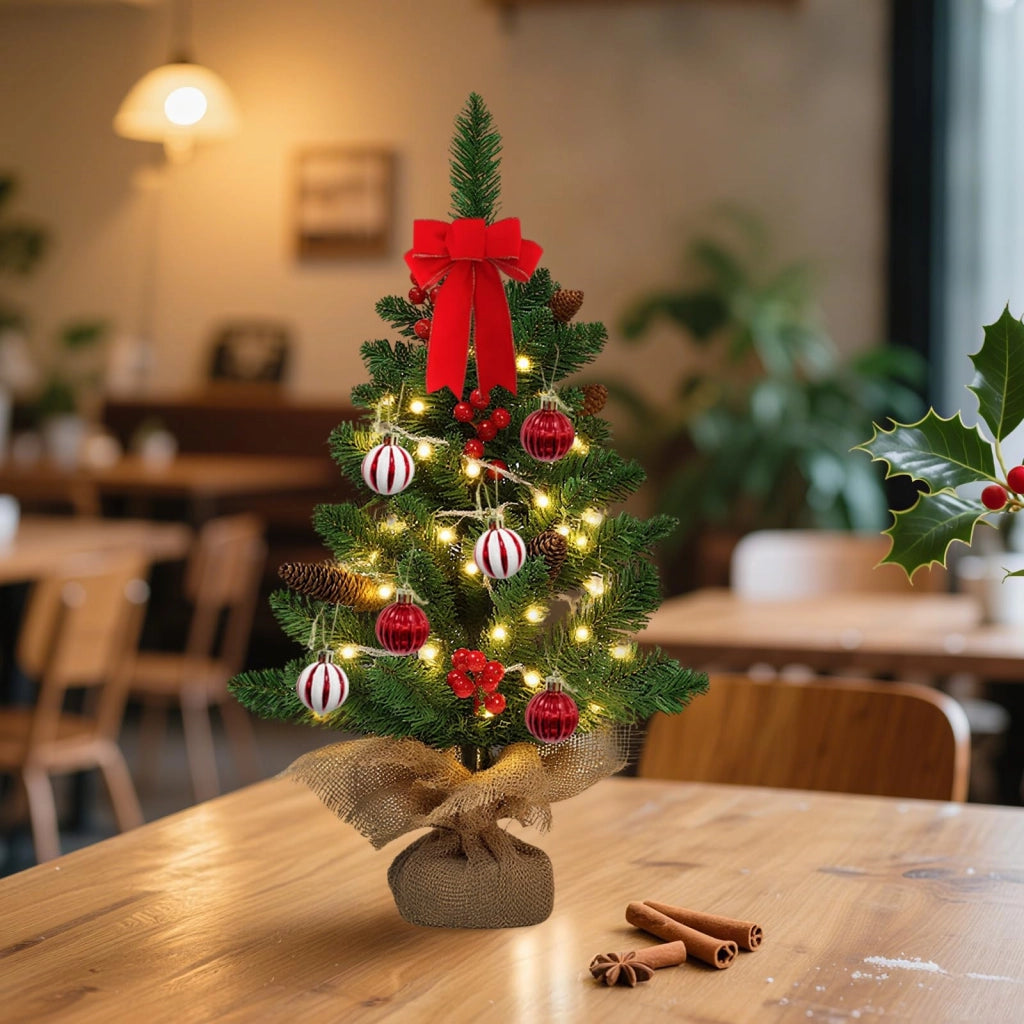 Albero di Natale artificiale, altezza 60 cm, con 20 luci LED e 6 palline, colore verde