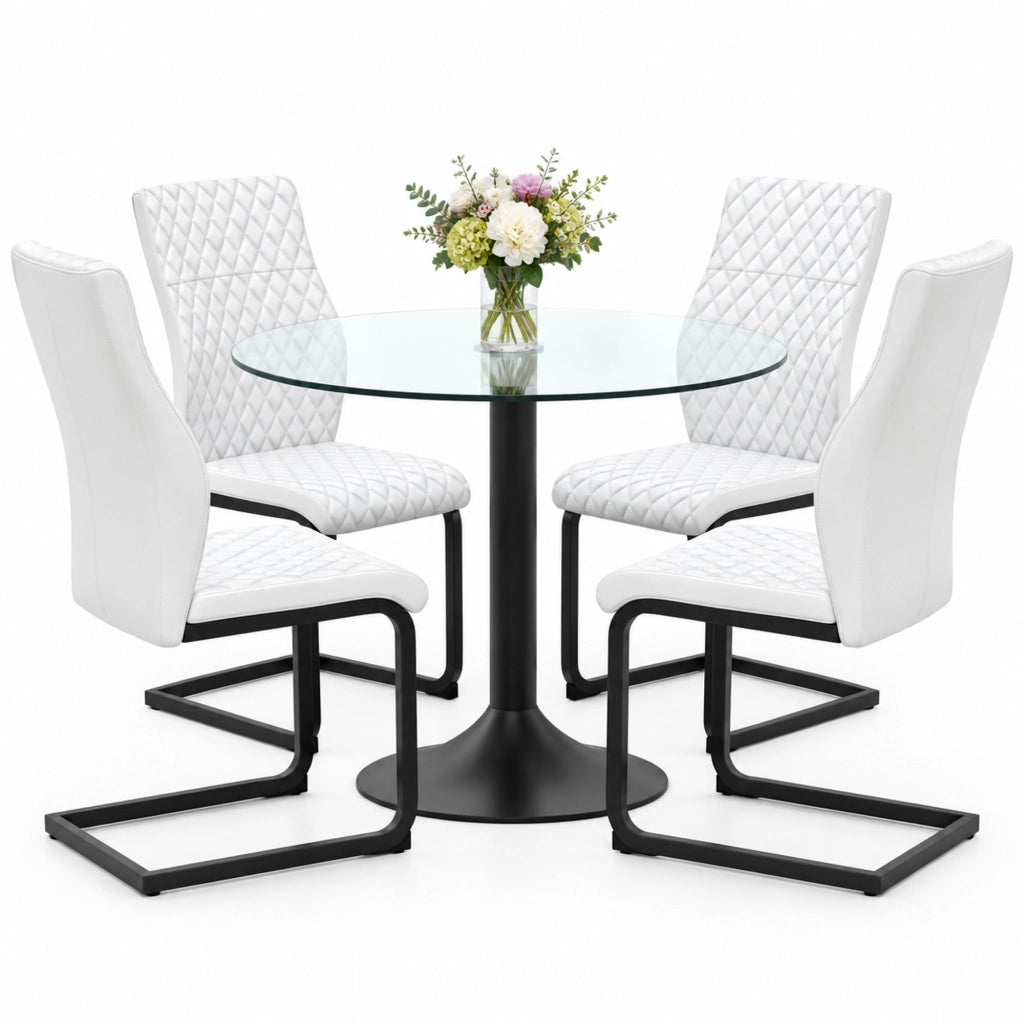 Set tavolo da pranzo rotondo con 4 sedie in ecopelle bianca tavolo in vetro temperato da 85 cm e base in metallo nero