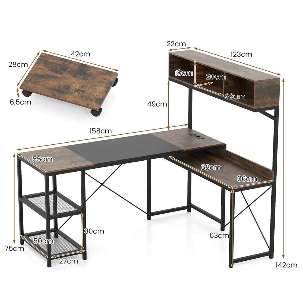 Scrivania angolare a L per computer marrone con prese di ricarica USB e supporto CPU mobile 158 x 123 cm