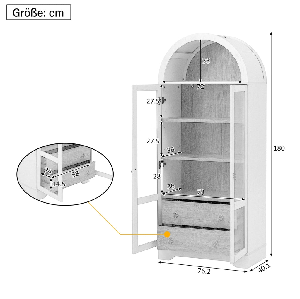 Credenza bianca con ante in vetro, ripiani regolabili e cassetti