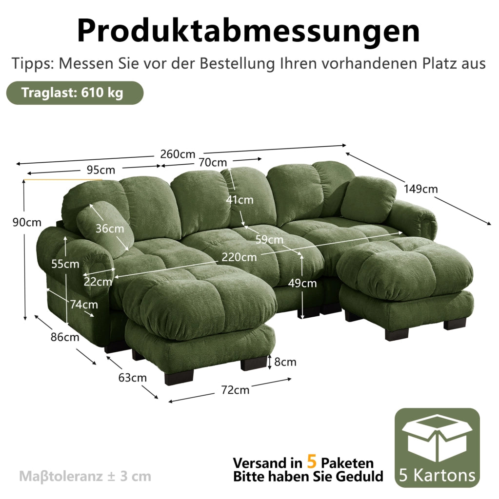 Divano a U 3 posti 260x149x90 cm in ciniglia verde, ottomana mobile e 2 cuscini