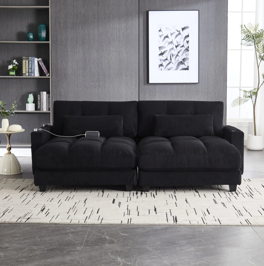 Divano 2 posti 224x140x81 cm in corduroy nero, modulare con USB e portabicchieri