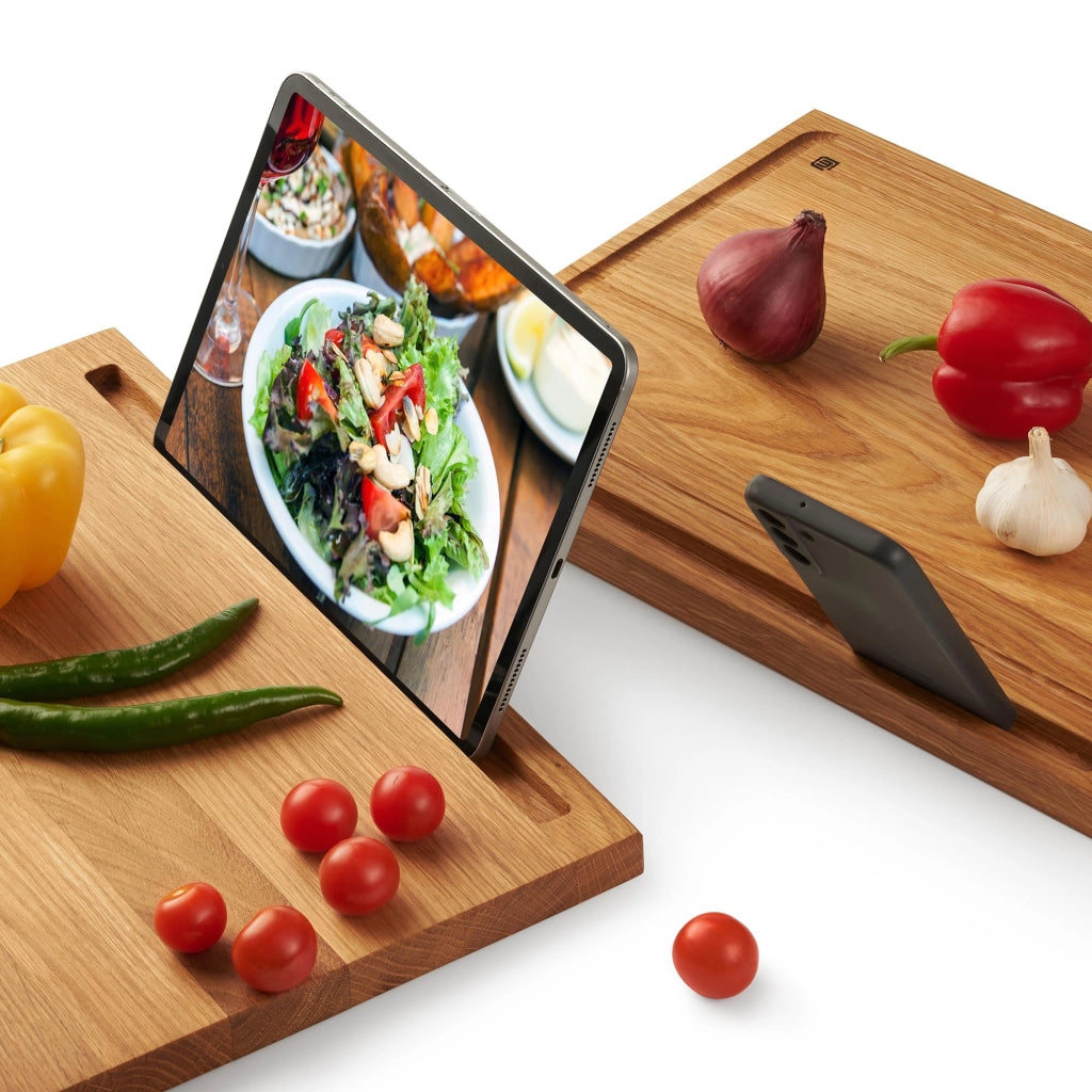 Tagliere in quercia, 40 x 30 cm, rettangolare, con supporto per tablet