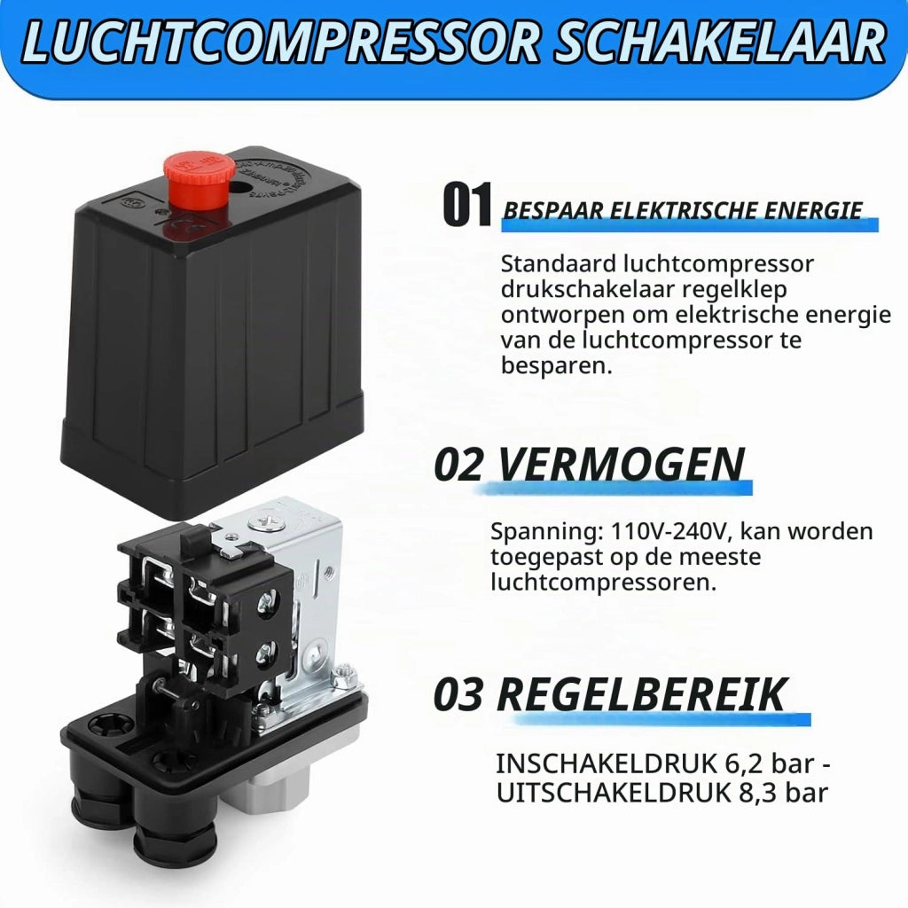 Interruttore di pressione pneumatico, 90-120 PSI, con doppio manometro, 230 V