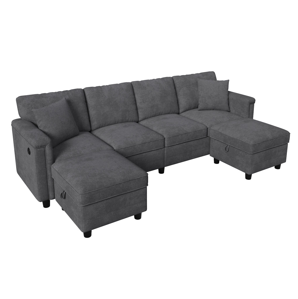 Divano modulare in ciniglia grigio con due pouf contenitore