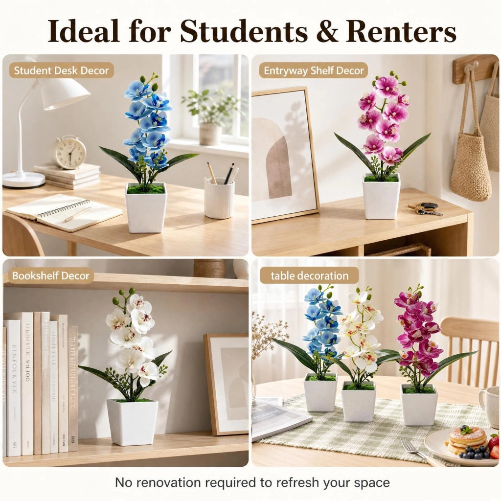 3 orchidee artificiali, dall'aspetto estremamente realistico, alte 30 cm, nei colori bianco, viola e arancione