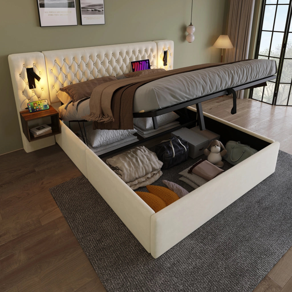 Letto contenitore matrimoniale 160x200 cm con sollevamento idraulico; luci da lettura; USB e Type-C; in velluto beige; con materasso