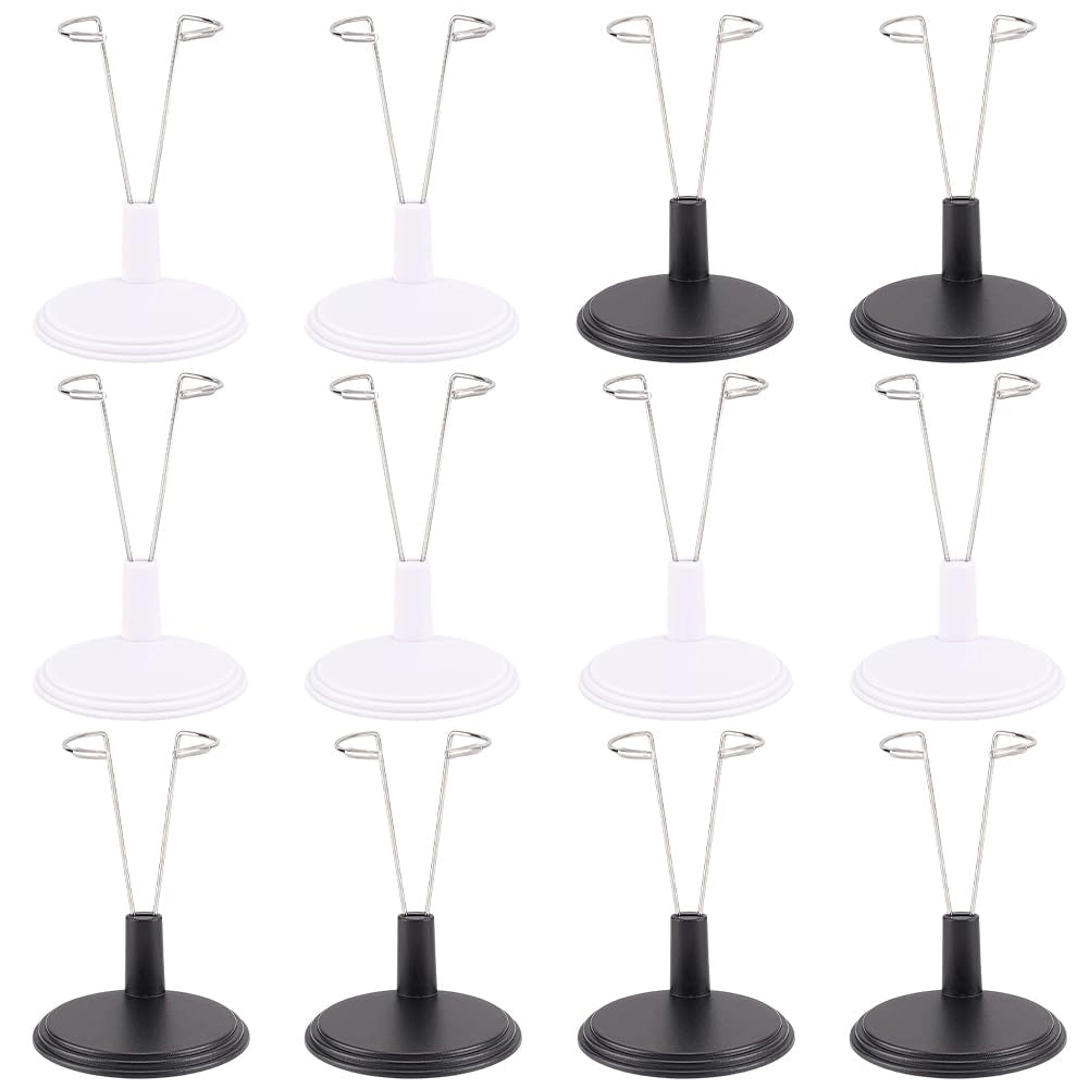 Set di 12 supporti per bambole, in acrilico, colore nero e bianco, con altezza regolabile da 6,5 a 8 cm