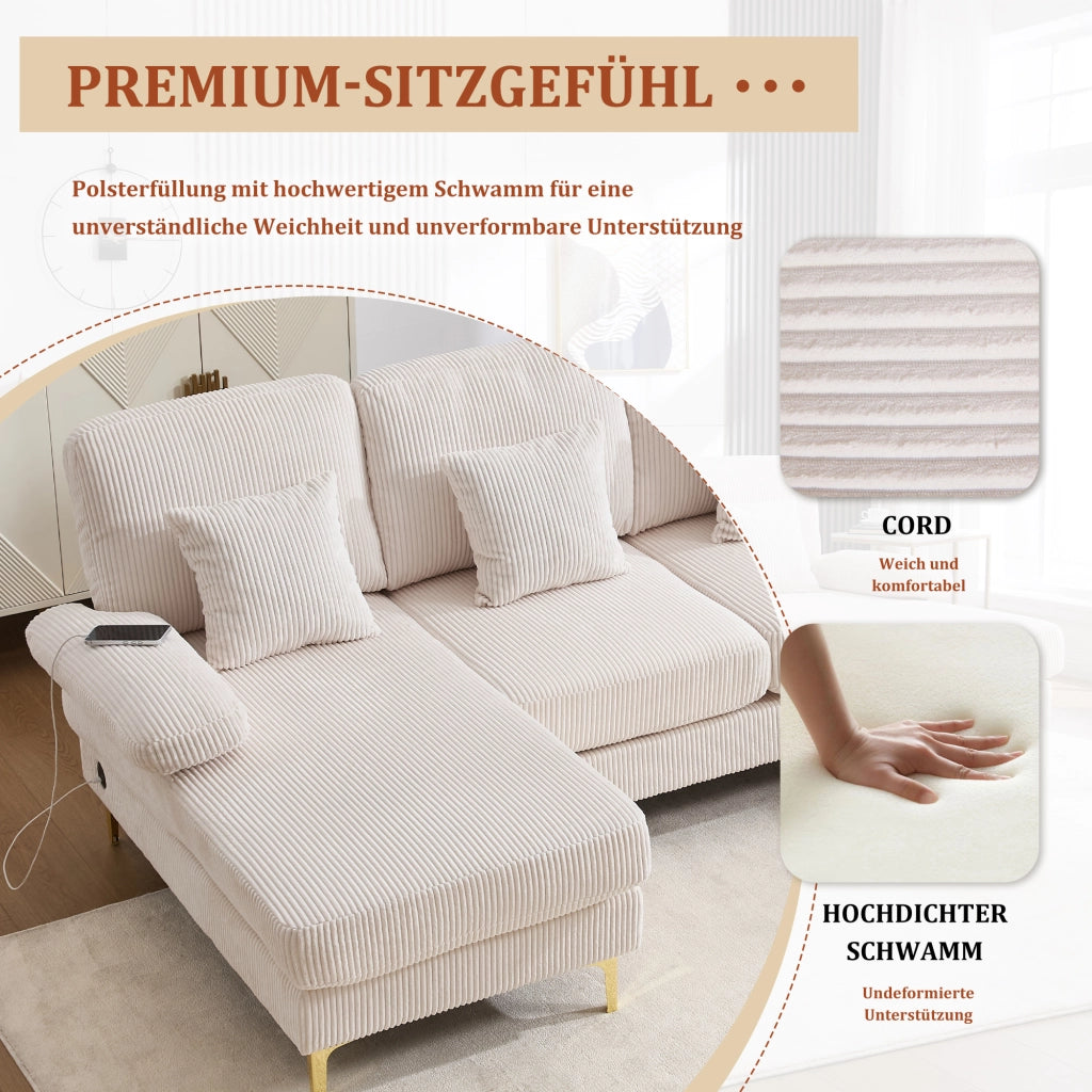 Divano panoramico a U in velluto beige con illuminazione LED porta USB struttura in legno e seduta profonda