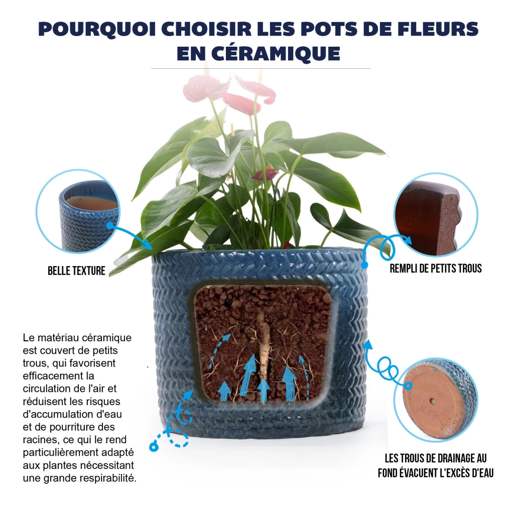 Vaso in ceramica blu scuro Ø 17,5 cm con rilievo a spina di pesce