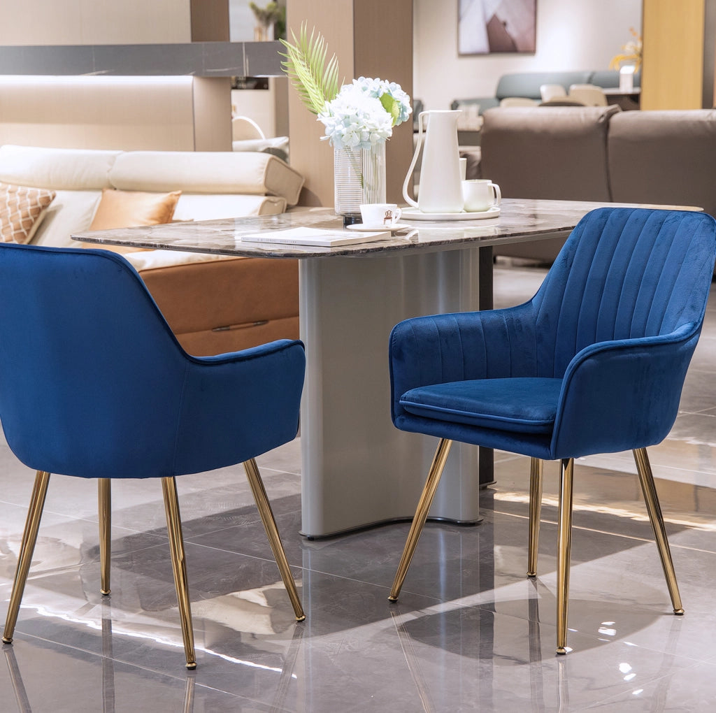 SEDIA da pranzo con braccioli in tessuto blu e gambe dorate, Set da 2 pezzi