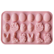 Stampo in silicone per cioccolato, 18 motivi pasquali, colore rosa, dimensioni 20x12,8x1,3 cm