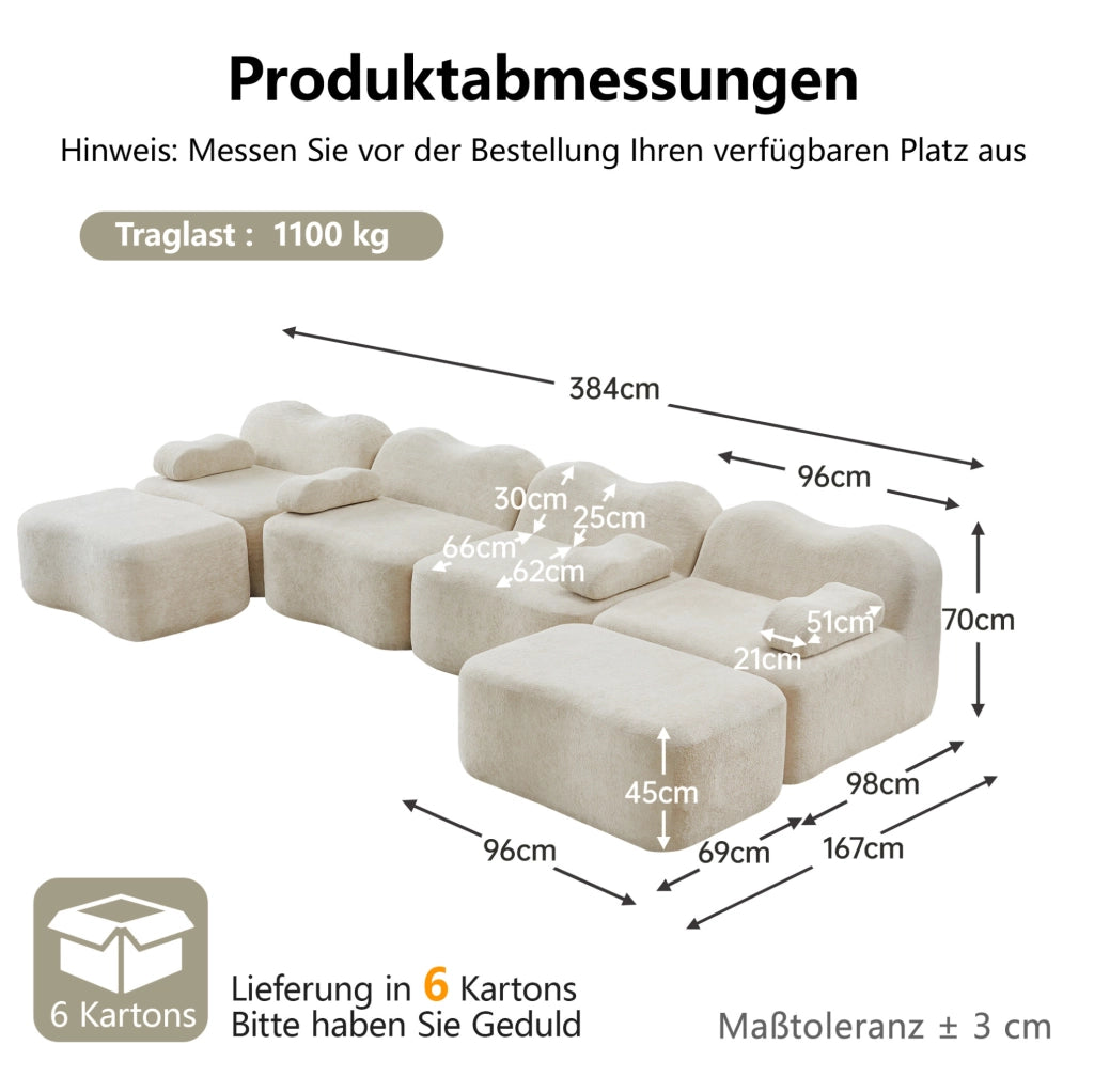 Divano modulare a U 384 x 167 x 70 cm beige, 4 posti, 2 ottomani, senza montaggio