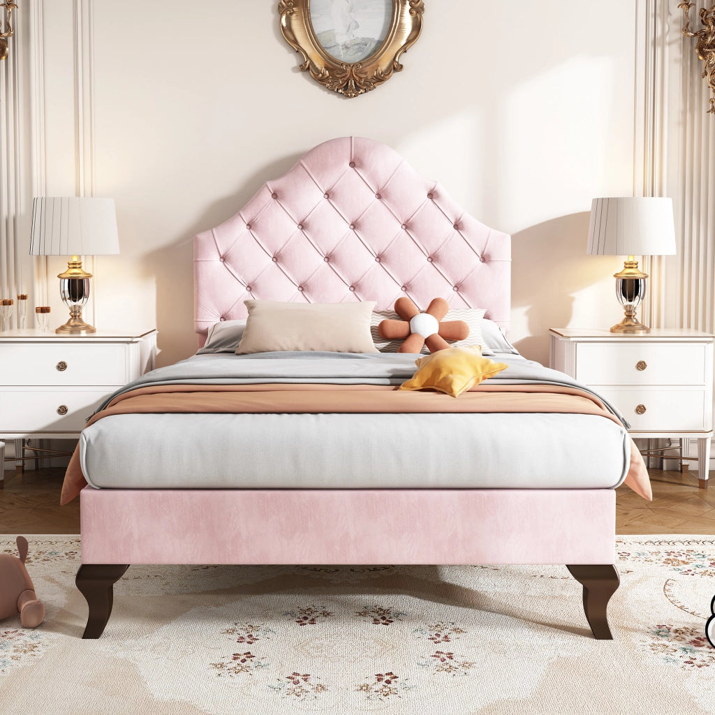 Letto singolo imbottito 90 × 200 cm con rete a doghe testiera regolabile in velluto rosa