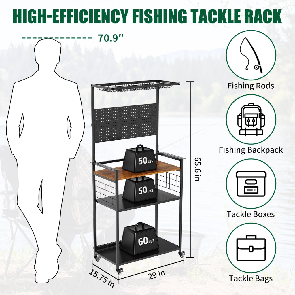 Supporto per canne da pesca con pannello appendibile, carrello con ruote, scaffale multilivello per canne, mulinelli, valigie e borse da pesca