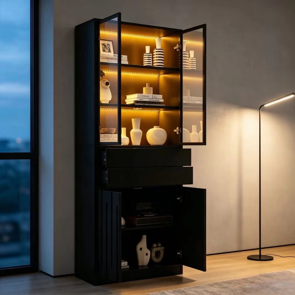 Vetrina con 4 ante, 2 cassetti e LED - per soggiorno - 140×34×180 cm - nero