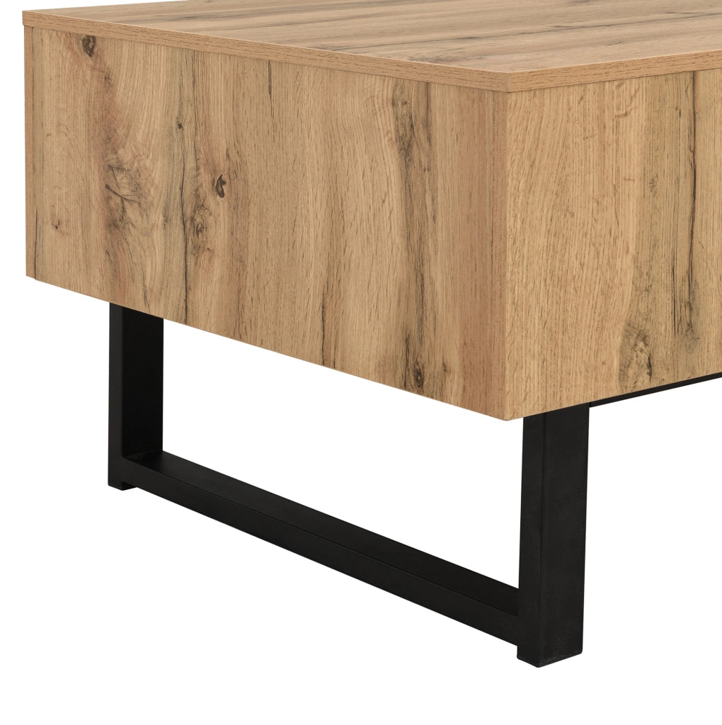 Tavolino da caffè scorrevole moderno con vani portaoggetti nascosti, struttura in pannello truciolare e metallo, stile legno chiaro per soggiorno e ufficio